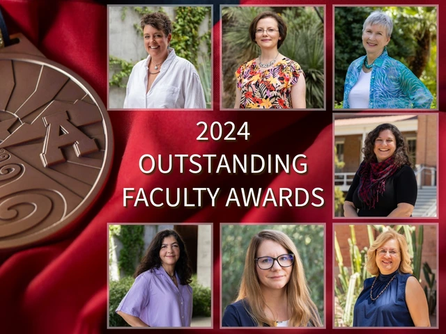 photo montage of seven female faculty and a graphic of a medal on red material