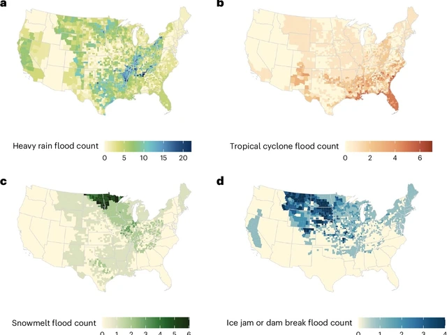 Graphic, provided by Nature Medicine, shows total count of flood events by cause between 2001-2018, using four geographical photos of the United States