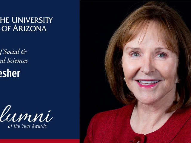Photo of Jan Lesher on the right, wearing a red blouse. On the left is a blue background with the U of A logo and "Jan Lesher, Alumni of the Year" 