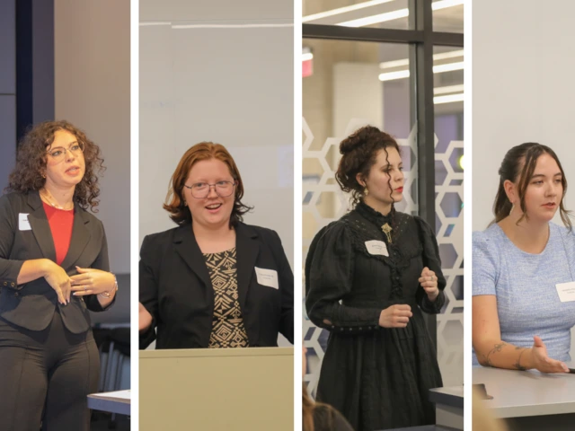 A montage of four female students shows them speaking during their presentations
