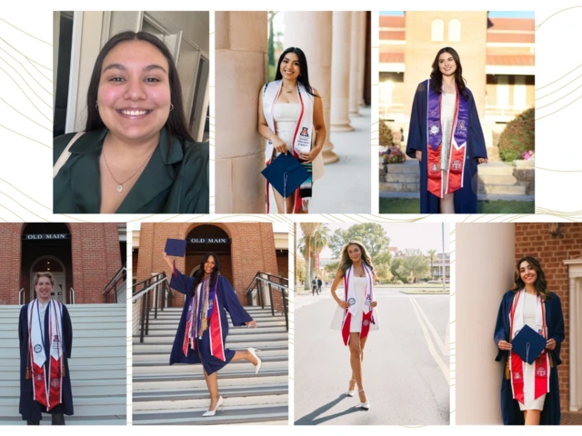 A photo montage of seven students who are all in graduation regalia