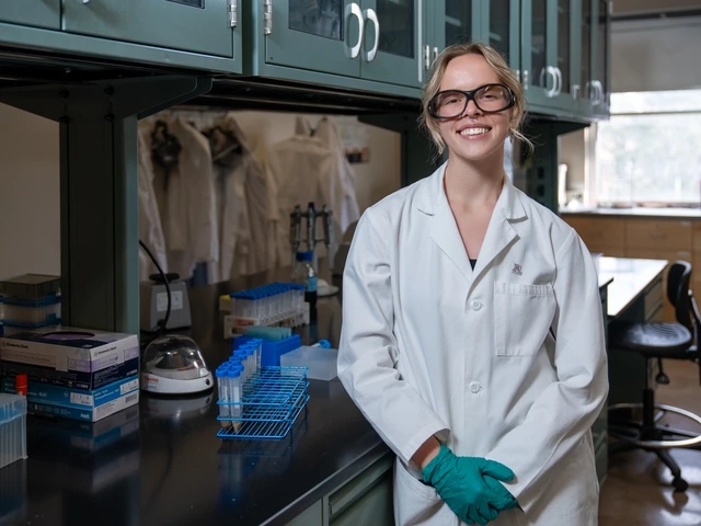 Student stands in a white lab coat and safety glasses in a lab