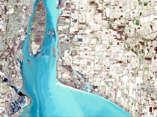 A satellite photo of Earth and waterways