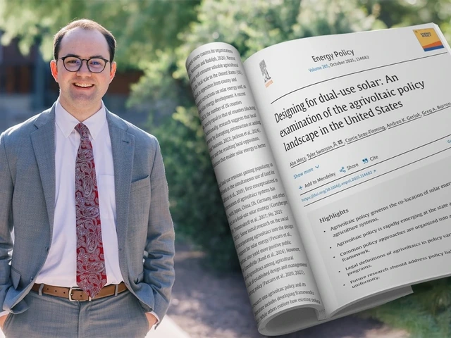 a young man wearing glasses and standing in a gray suit outside, is next to a superimposed picture of the article he helped write and is cited first on