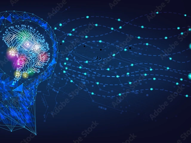 A graphic of a human head and brain with computer chip-looking inside on a blue background