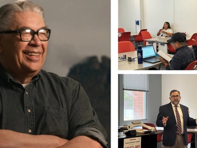 Vine Deloria Jr. on left; students in AIS course on top right; Matthew Sakiestewa Gilbert at bottom right