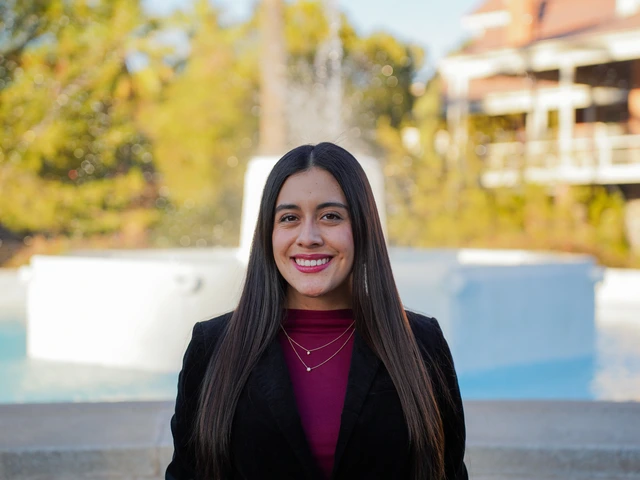 Young woman with long dark hair wearing a black jacket and maroon shirt, stands outside in front of a fountain
