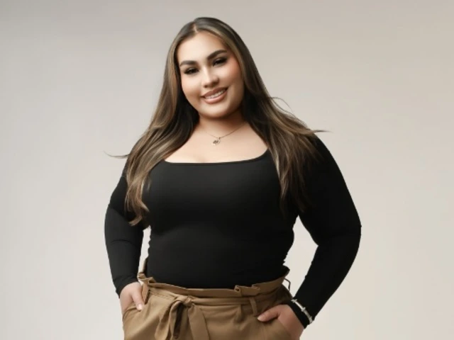 Woman with long brown hair and wearing a black top and brown pants