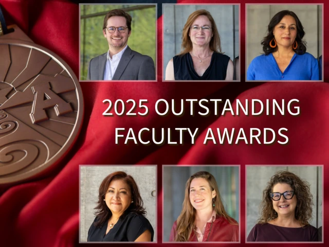 Montage photo of five SBS faculty members with a graphic of a bronze medal in the background