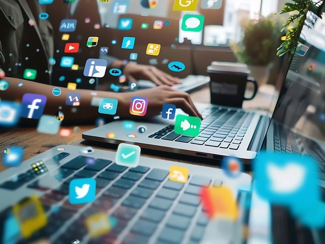 two keyboards with social media icons floating in the air