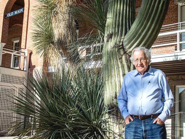 Photo of Noam Chomsky with students