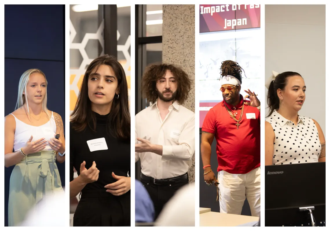 Photo montage of five students standing and presenting animatedly