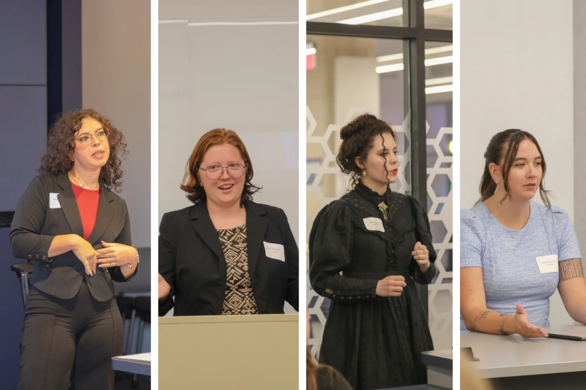 A montage of four female students shows them speaking during their presentations