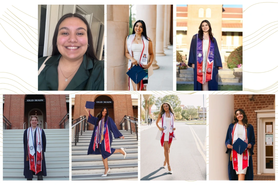 A photo montage of seven students who are all in graduation regalia