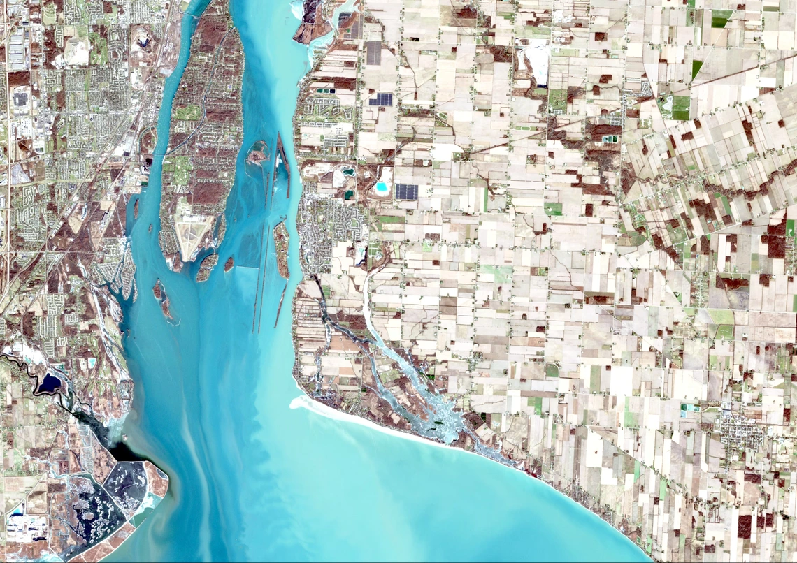 A satellite photo of Earth and waterways