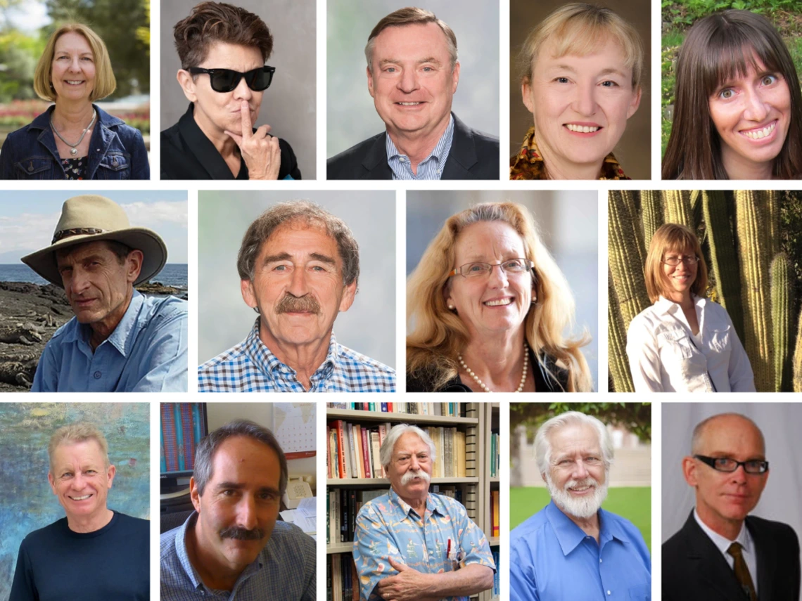 Photo montage collage of 14 emeritus faculty who have retired 