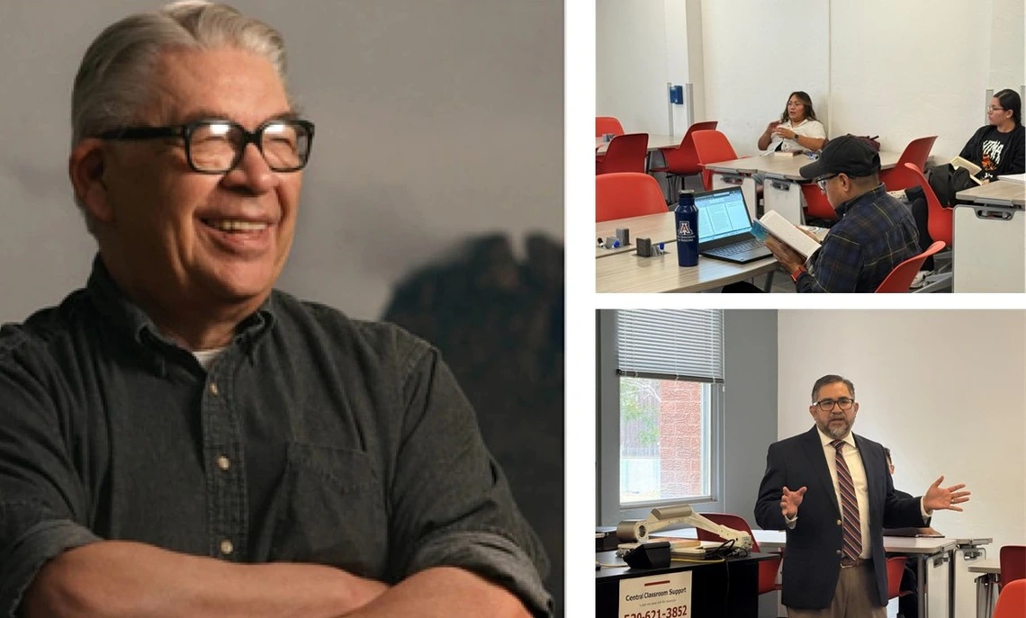 Vine Deloria Jr. on left; students in AIS course on top right; Matthew Sakiestewa Gilbert at bottom right