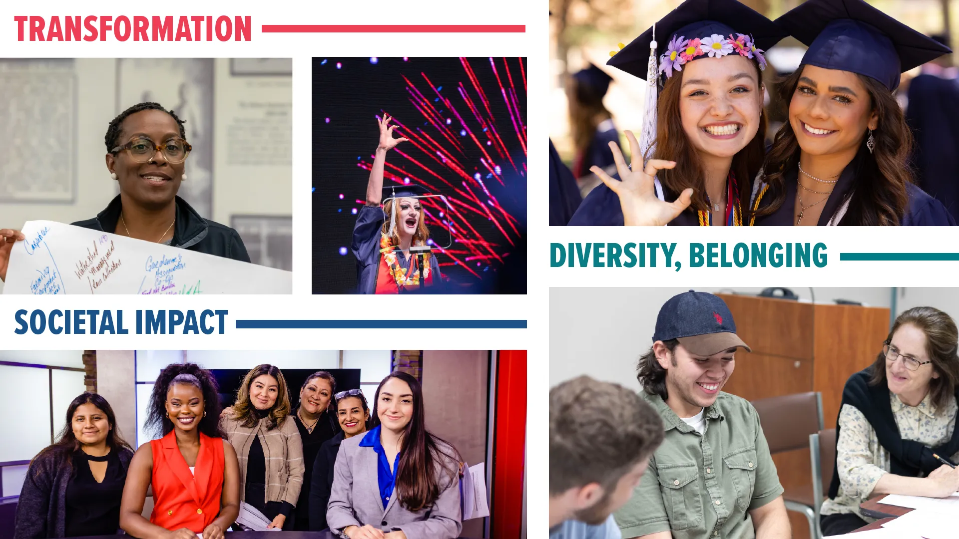 Collage of students, staff, and faculty. Keywords listed: transformation, diversity, belonging, and societal impact.