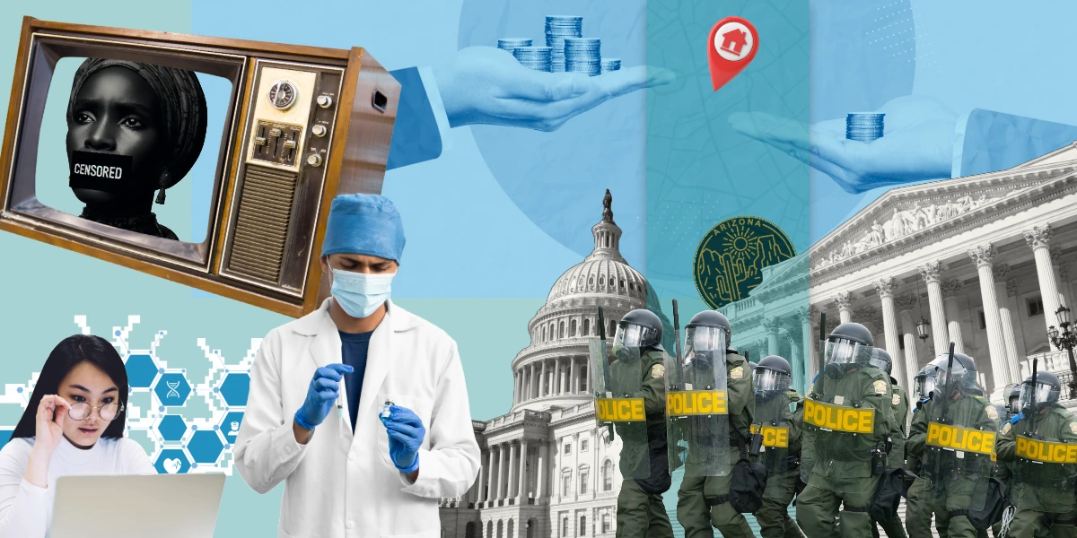 montage of images reflecting institutions: doctor, tv screen, military, government buildings