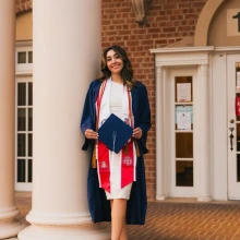 Woman with long borwn hair stands on steps, wearing graduation regalia