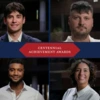 A four-panel collage featuring portraits of four adults. The top left shows a young man in a suit smiling at the camera. The top right shows a man with short dark hair and a beard wearing a light-colored shirt. The bottom left shows a man with short curly hair and a trimmed beard wearing a white shirt and smiling warmly. The bottom right shows a woman with short curly hair wearing a white blouse and smiling. A blue banner with a red diamond-shaped center runs across the middle, displaying the text ‘Centenni