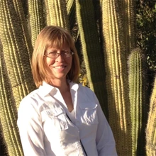 Woman in white shirt stands in front of Saguaro cacti
